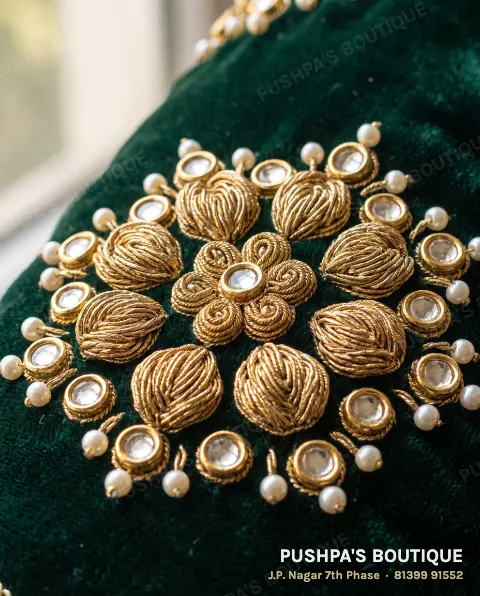 Close-up of hand zardosi on green velvet: raised coils of gold zari, kundan stones in gold settings and pearls, each held by its own stitches