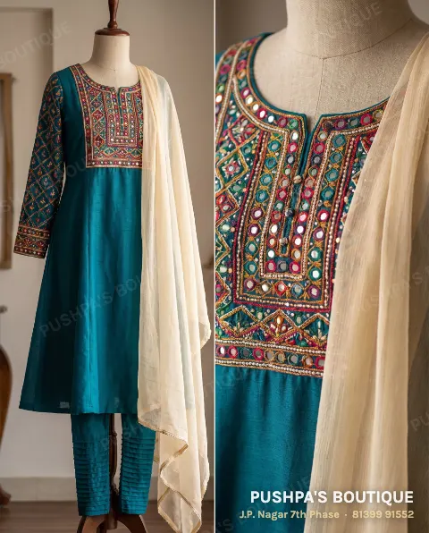 Teal churidar suit with a mirror and thread embroidered yoke, churidar folds at the ankle and a sheer dupatta