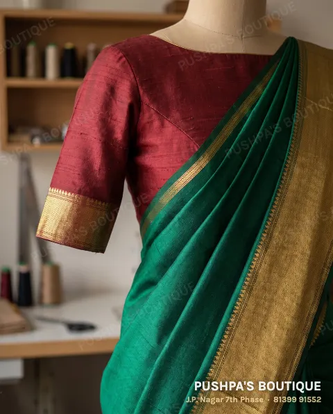 Emerald Mysore silk crepe saree with a maroon raw-silk blouse with a boat neck and zari bands on the elbow sleeves