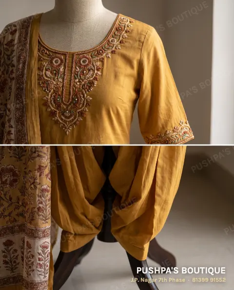 Mustard salwar kameez with thread embroidery at the neck, gathered salwar and a block-printed dupatta