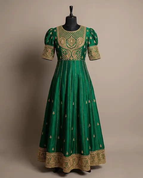 Example of a kali gown: green silk gown with an embroidered fitted bodice, kali panels from the waist and a wide embroidered border