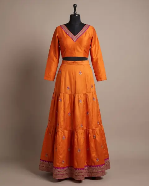 Example of a long ethnic skirt: orange tiered skirt with a matching short top and an embroidered border at the hem