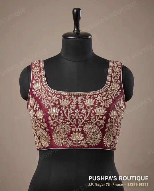 Wine 4 dot blouse with kundan stones and zardosi work all over and a square neck border