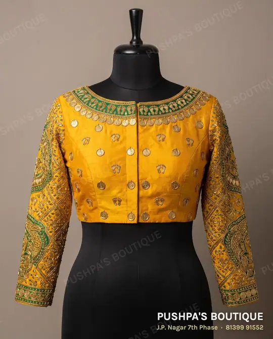 Turmeric-yellow princess cut blouse with pads, with zardosi and gota patti work and heavy sleeves