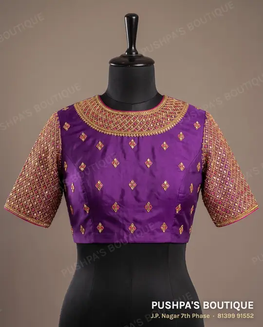 Purple silk blouse with a zari and kundan yoke and embroidered sleeves, made to go with a pattu saree