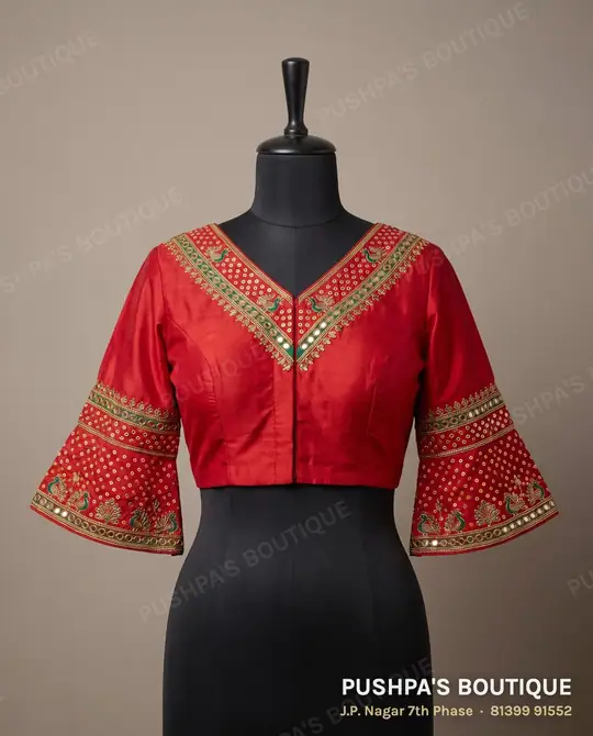 Red Navratri blouse with mirror work along the V neck and bell sleeves, with thread embroidery