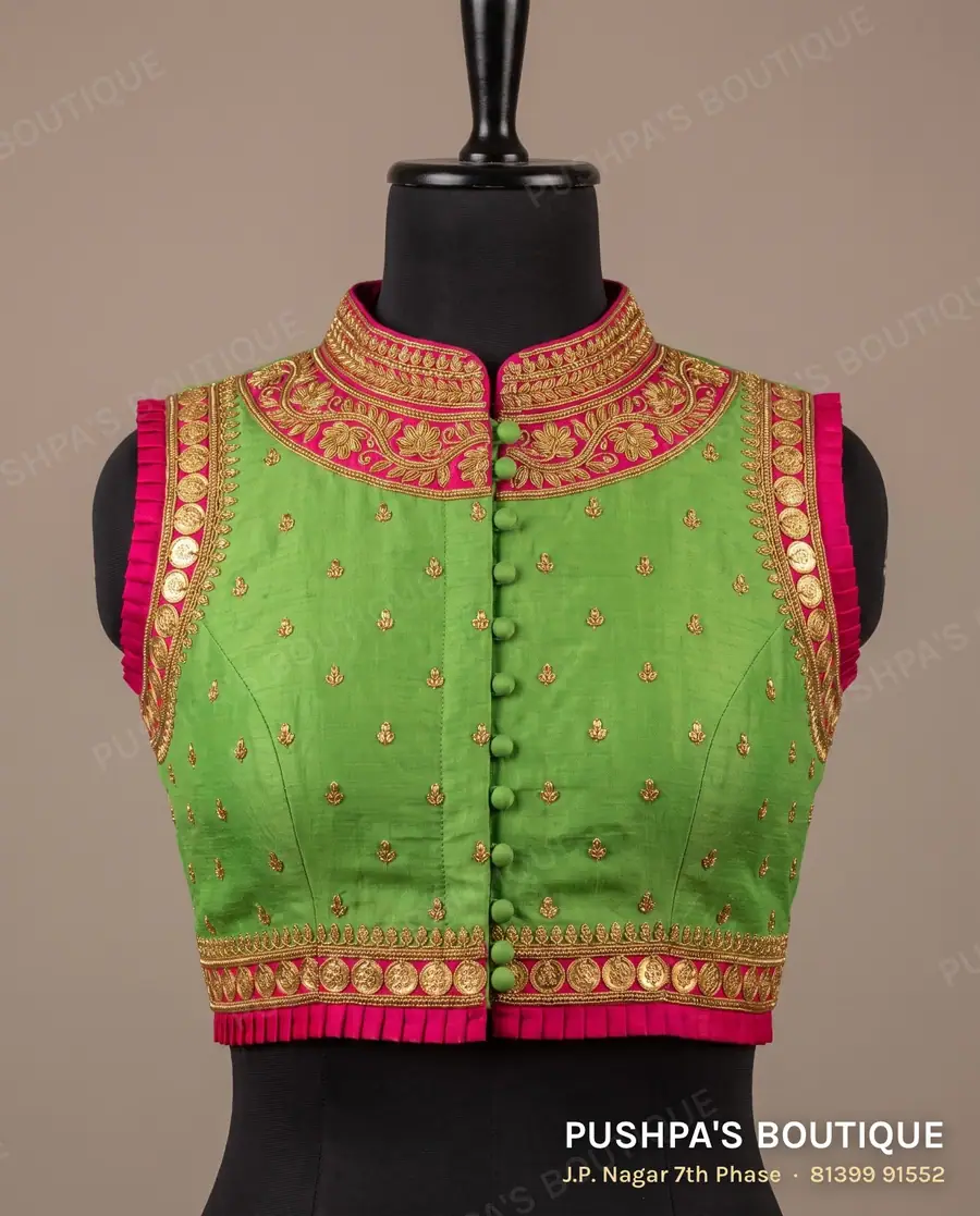 Designer blouse PB-128, high neck, button back, sleeveless