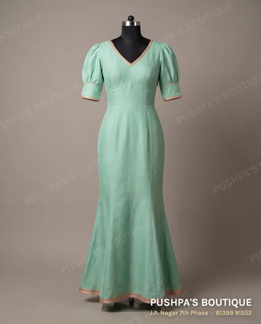 Gown PB-183, V neck, puff sleeve