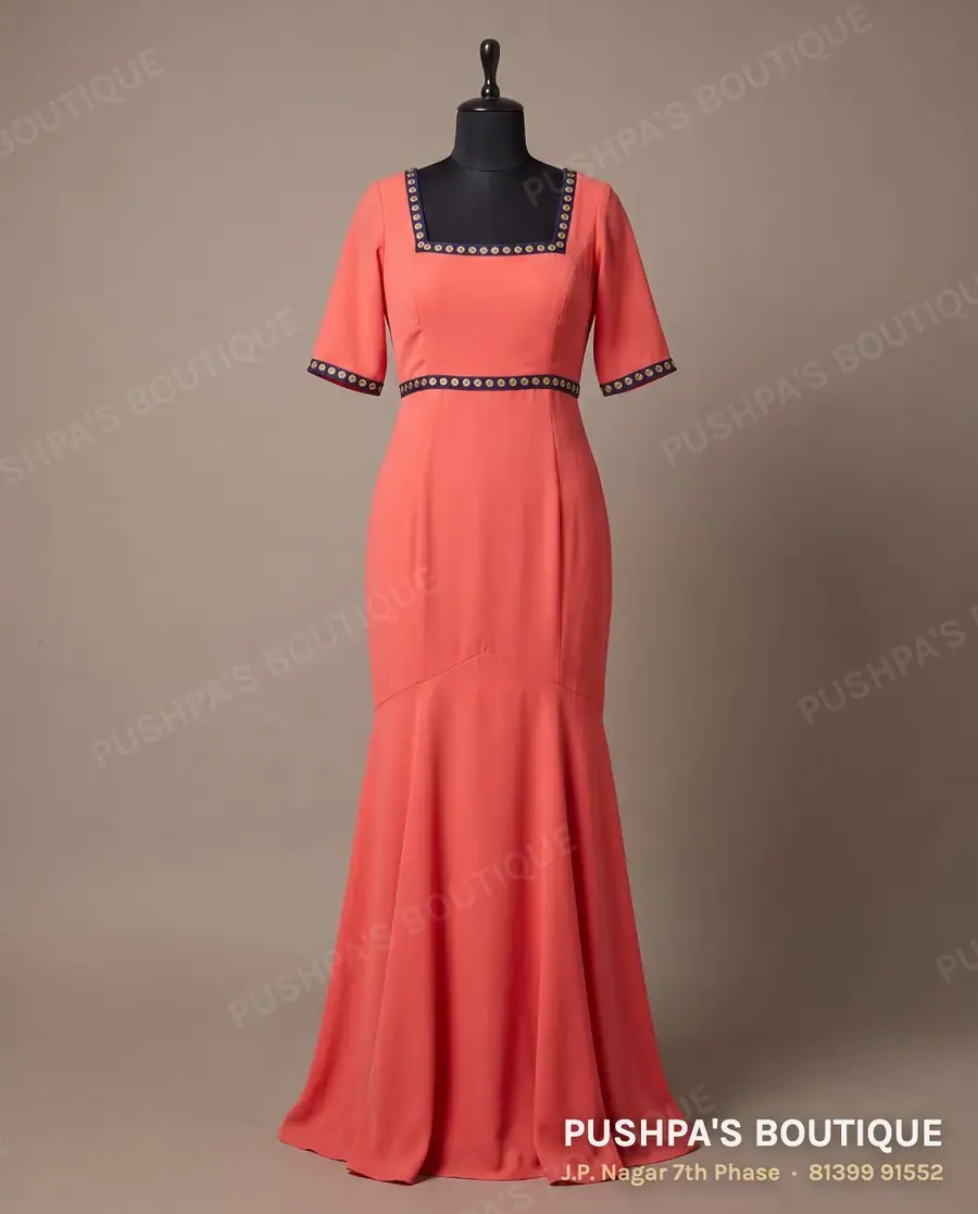 Gown PB-185, square neck, elbow sleeve