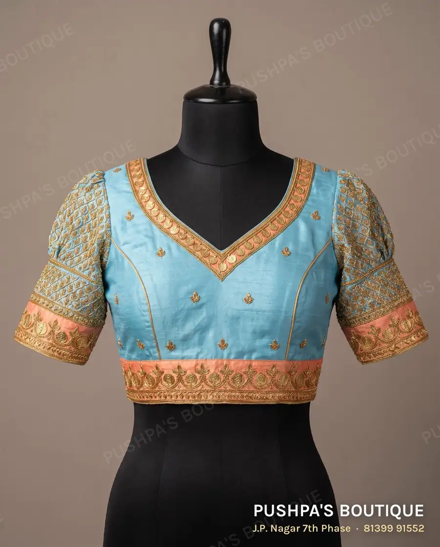 Princess cut blouse PB-312, V neck, window back, puff sleeve