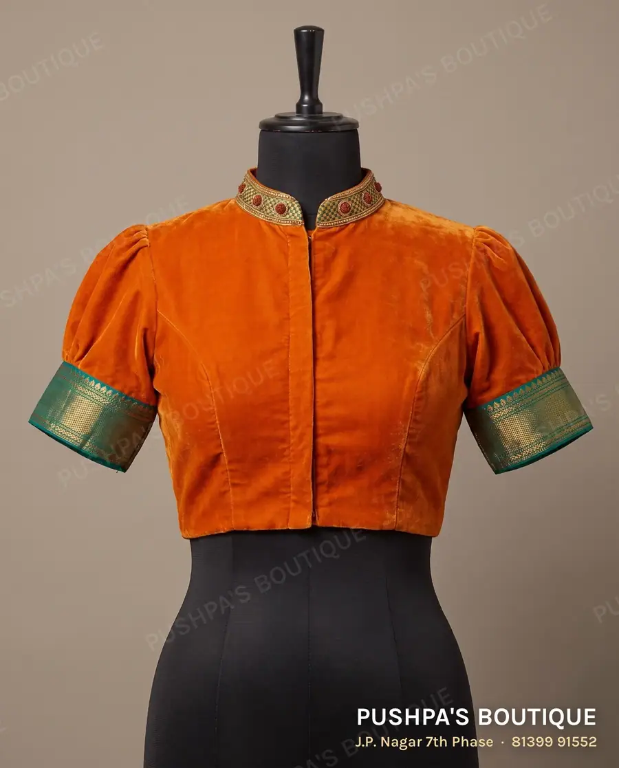 Princess cut blouse PB-319, high neck, window back, puff sleeve