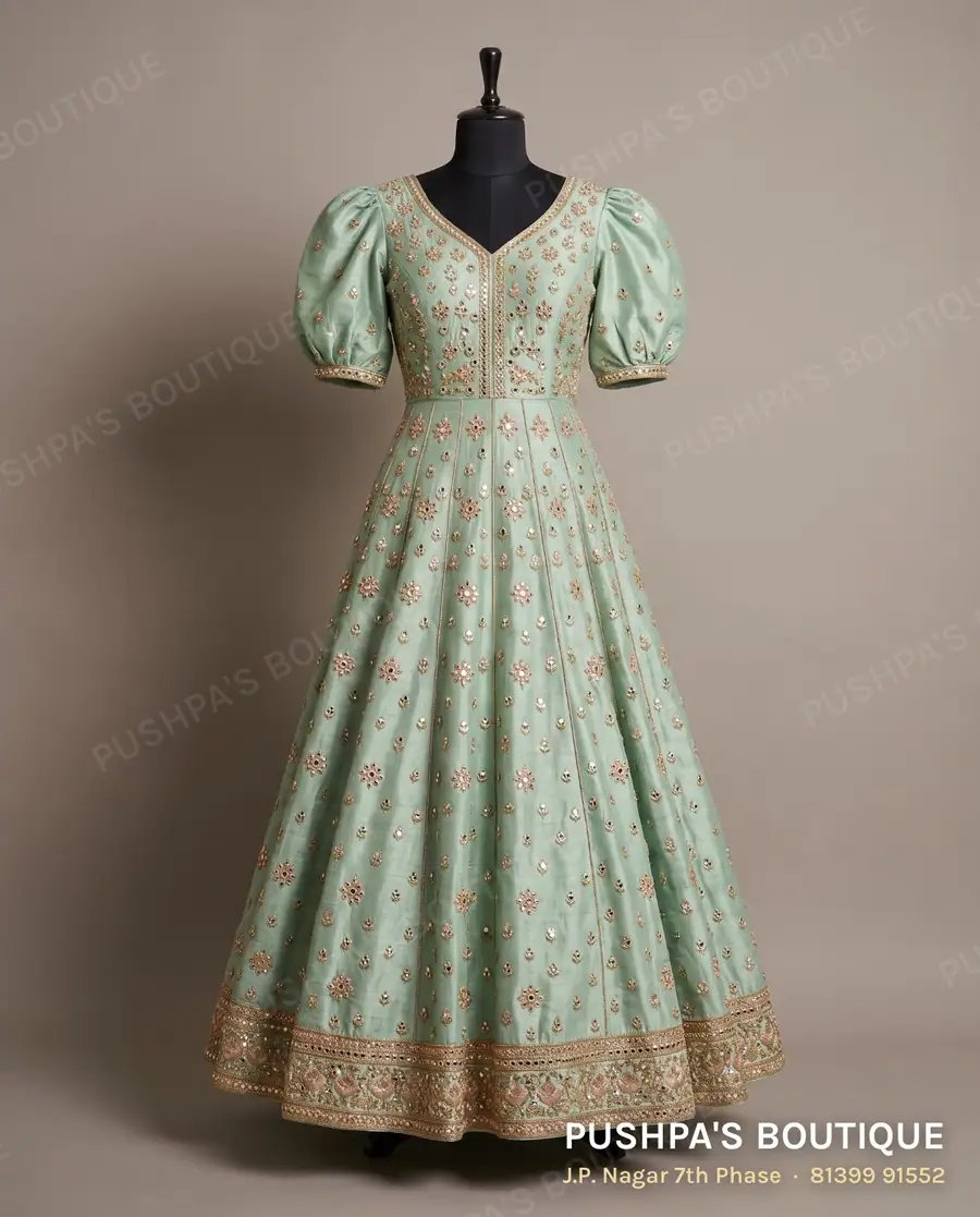 Gown PB-347, V neck, puff sleeve