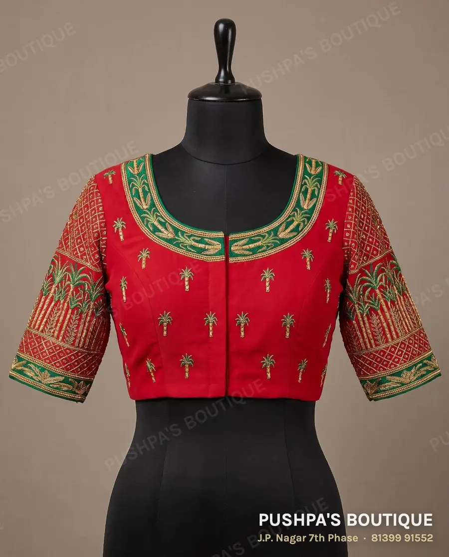 Designer blouse PB-373, round neck, button back, three quarter sleeve