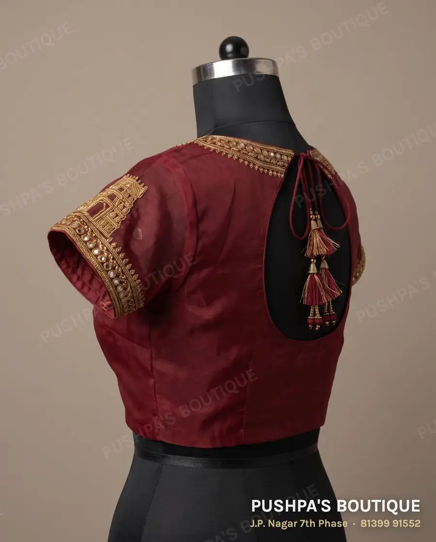 4 dot blouse PB-407, high neck, deep U back, cap sleeve